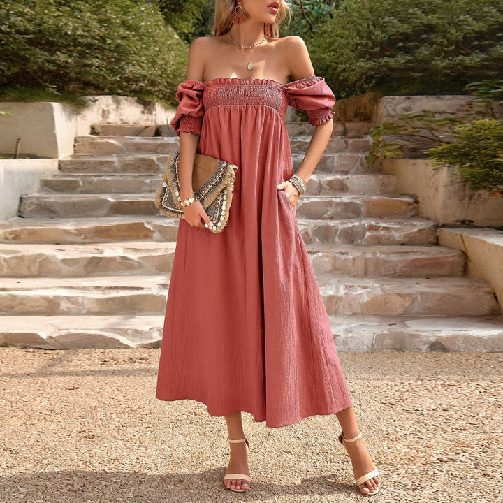 Lange jurk voor dames, bardothals met honingraatmotief, bohemian stijl - Daphne