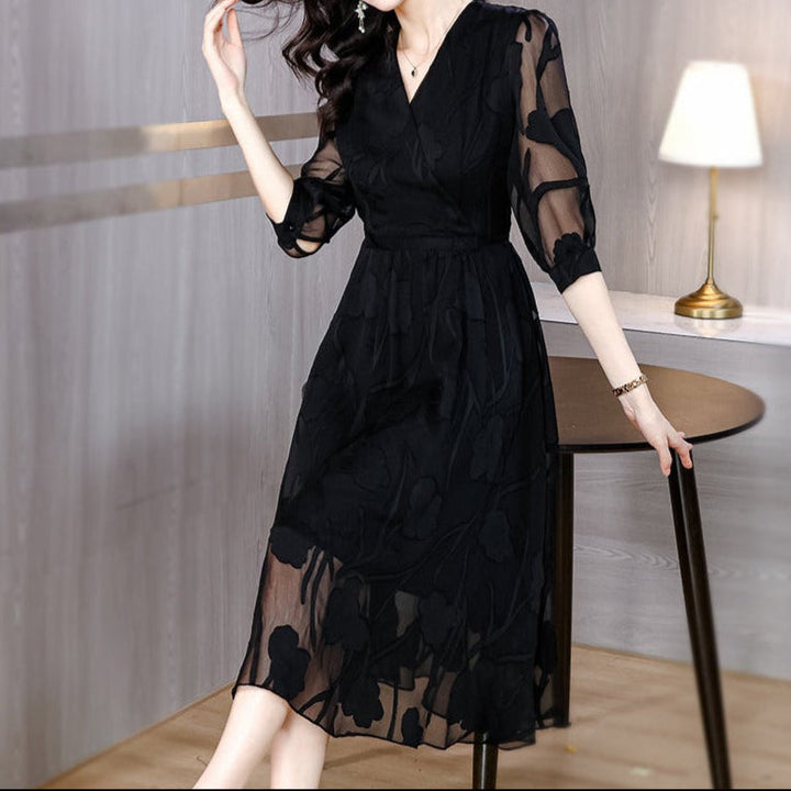 Dames midi-jurk gebloemd chiffon met mouwen - Annelise