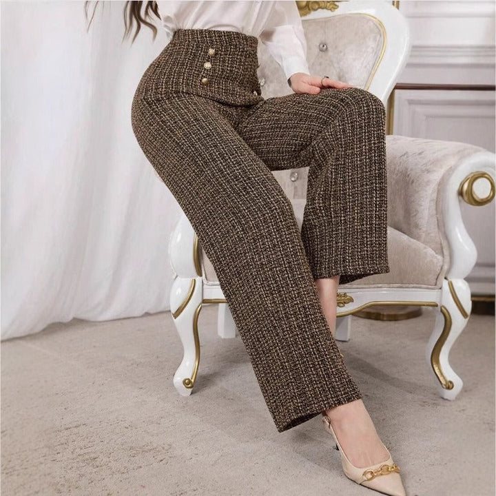 Tweed damesbroek met hoge taille en sierknopen - Noémie