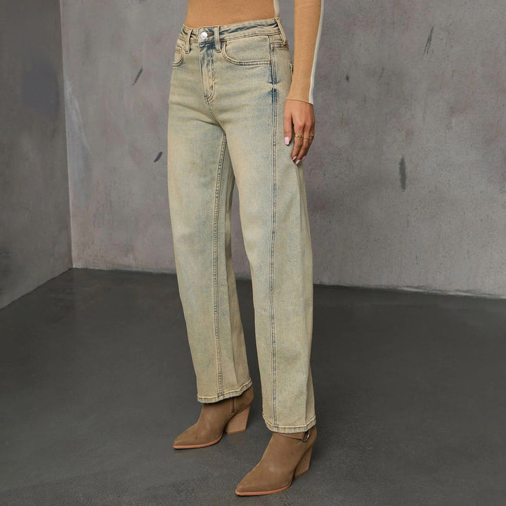 Damesjeans van gewassen denim met rechte snit en hoge taille - Amira