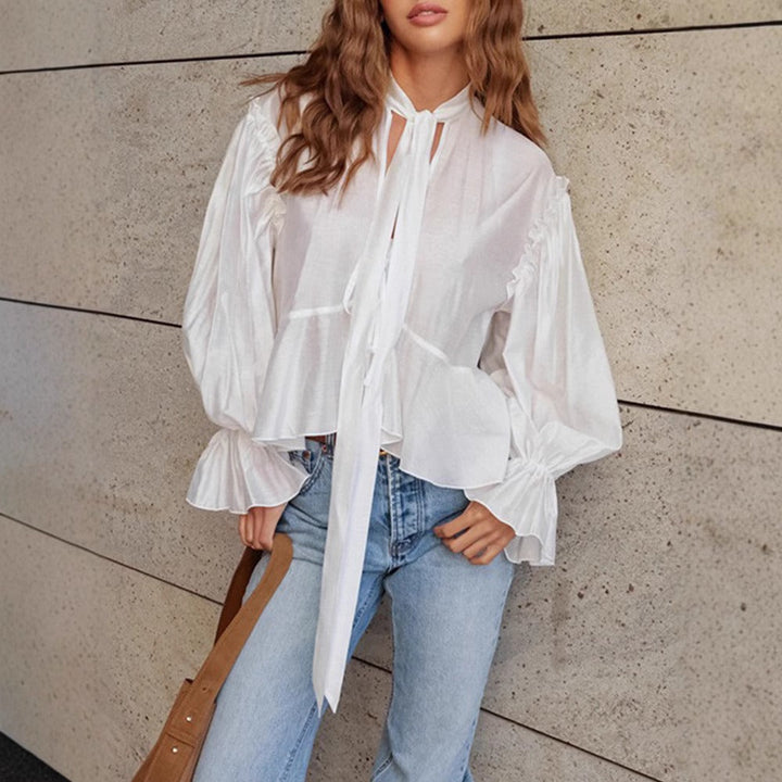 Damesblouse met lange mouwen in katoen met romantisch nekbandje - Céleste