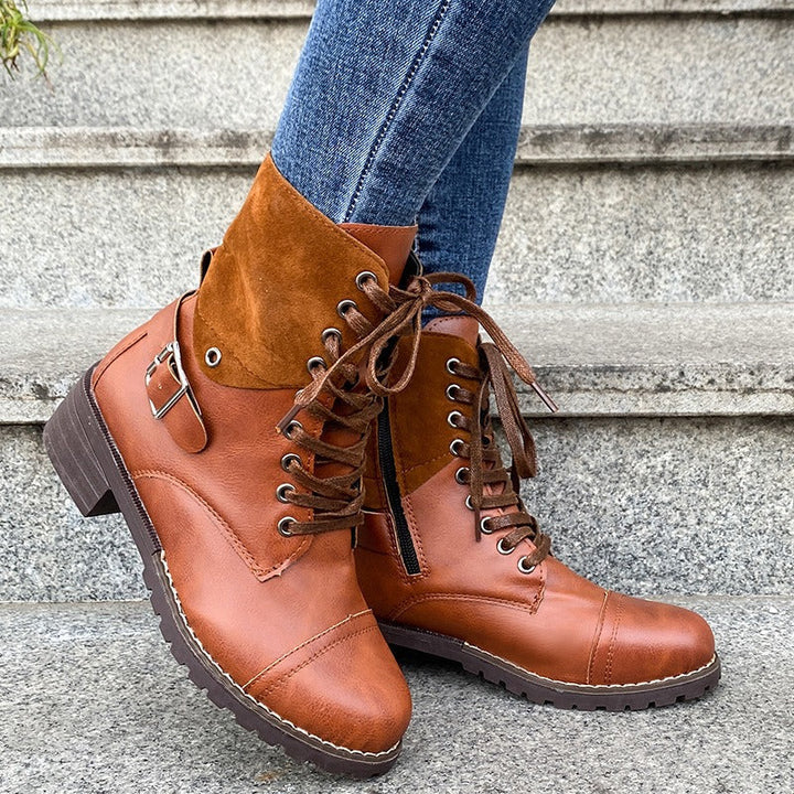 Dames veterlaarzen synthetisch leer mid-cut stoere stijl - Thalia