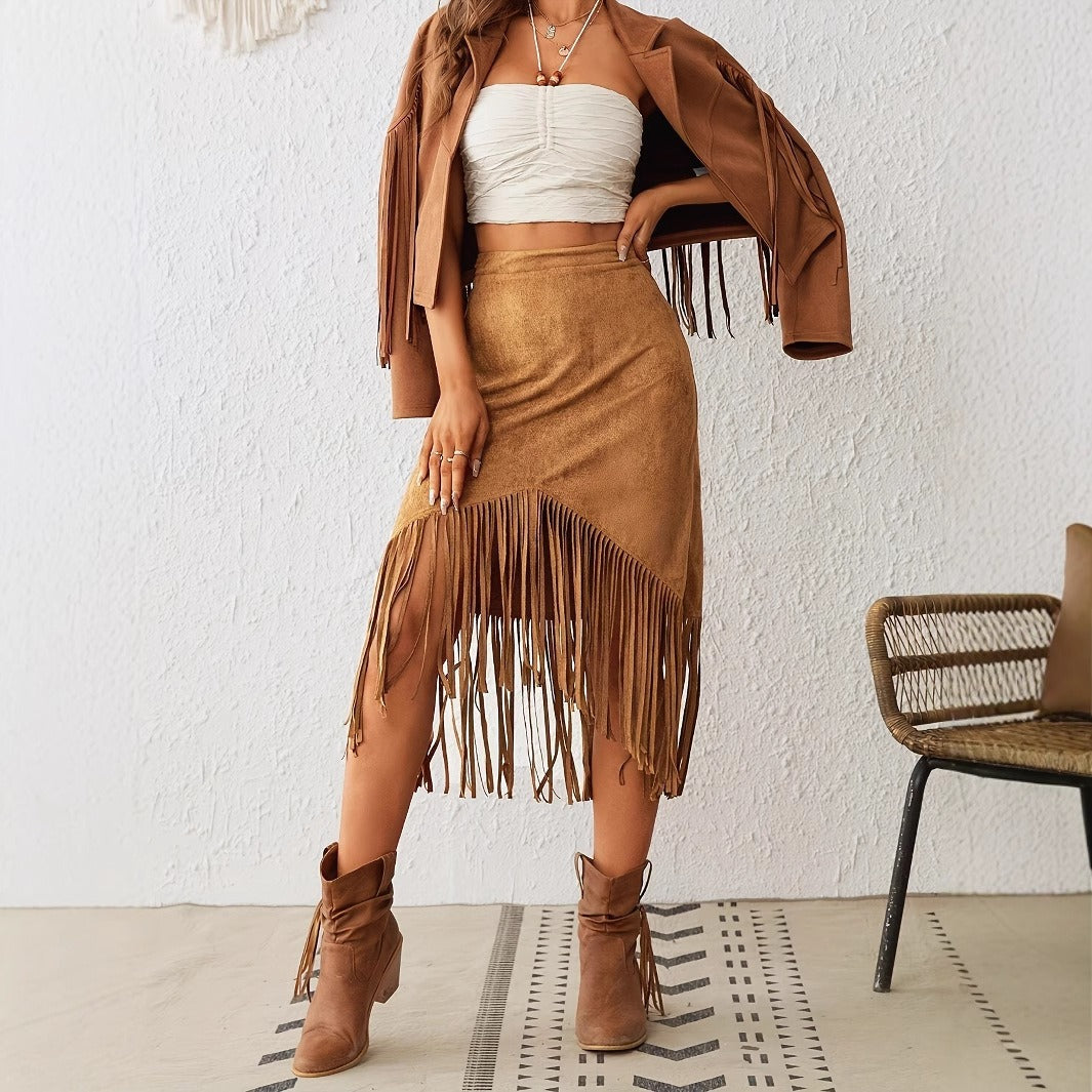 Dames midirok van suède met bohemienachtige franjes - Samira