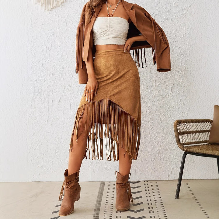 Dames midirok van suède met bohemienachtige franjes - Samira