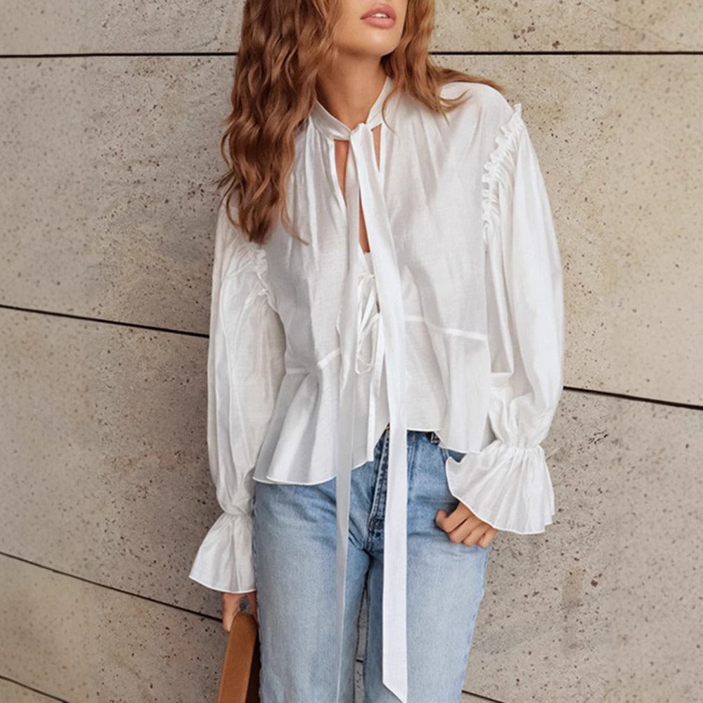 Damesblouse met lange mouwen in katoen met romantisch nekbandje - Céleste