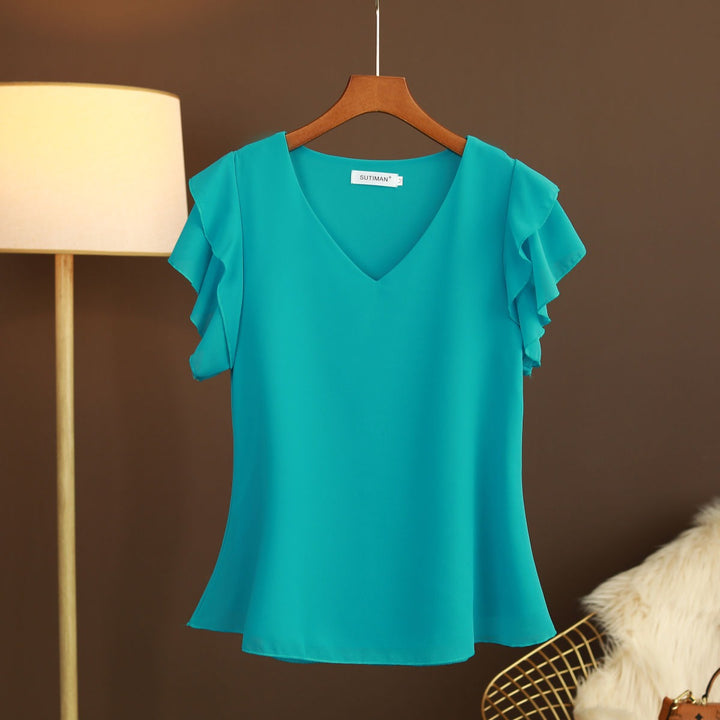 Damesblouse van lichtgewicht chiffon met ruches aan de mouwen en V-hals - Elvira