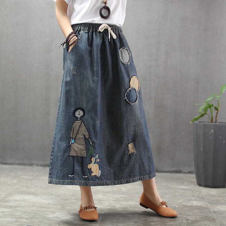 Dames midirok met elastische taille en geborduurde details - Oriane