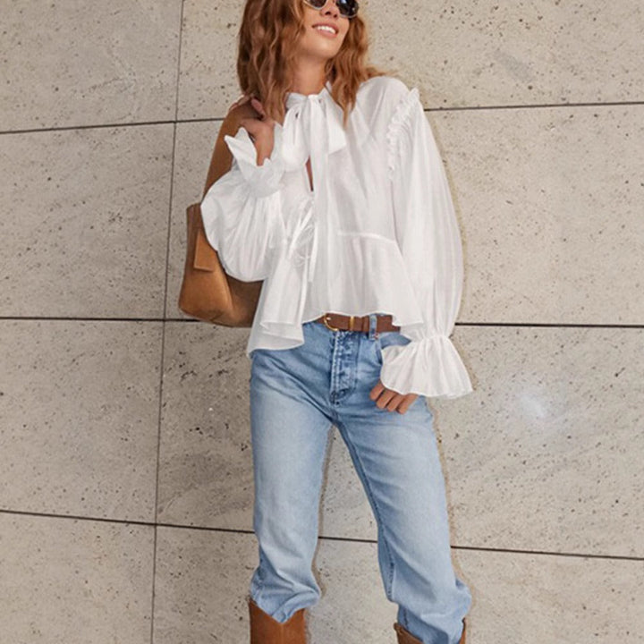 Damesblouse met lange mouwen in katoen met romantisch nekbandje - Céleste