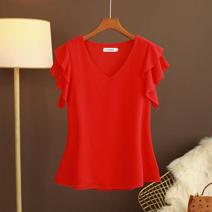Damesblouse van lichtgewicht chiffon met ruches aan de mouwen en V-hals - Elvira