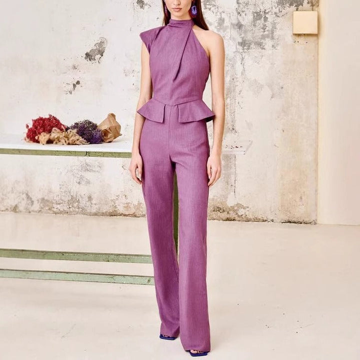 Mouwloze peplum jumpsuit lila met col - Oriane