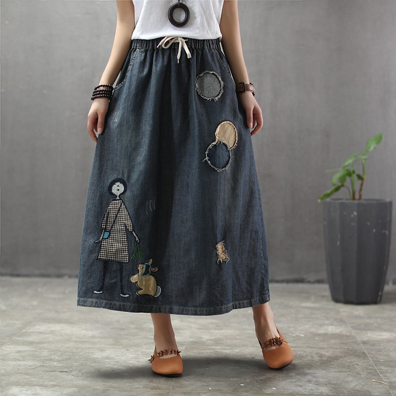 Dames midirok met elastische taille en geborduurde details - Oriane