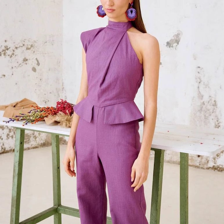 Mouwloze peplum jumpsuit lila met col - Oriane