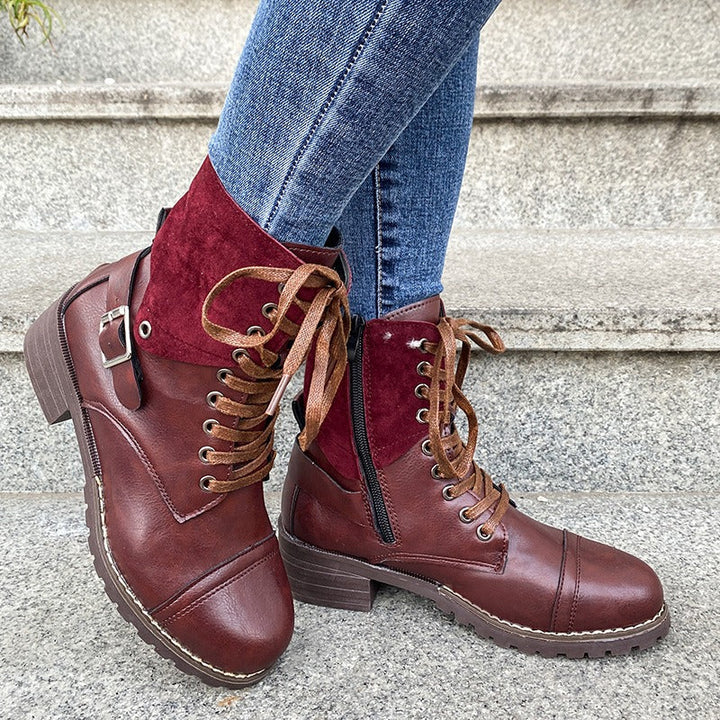 Dames veterlaarzen synthetisch leer mid-cut stoere stijl - Thalia