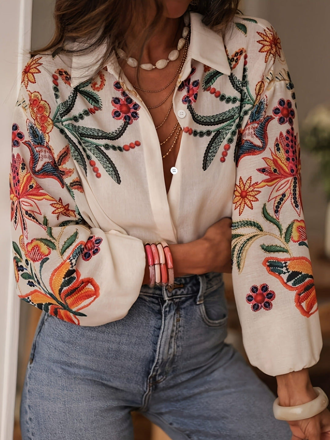 Katoenen damesblouse met bloemenborduursel in bohemian stijl - Almudena