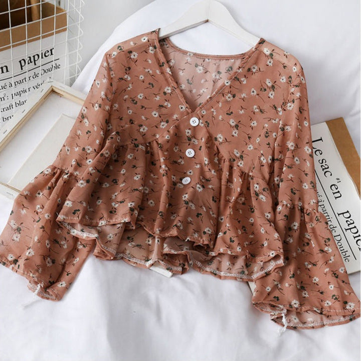 Gebloemde damesblouse van chiffon met ruches - Isadora