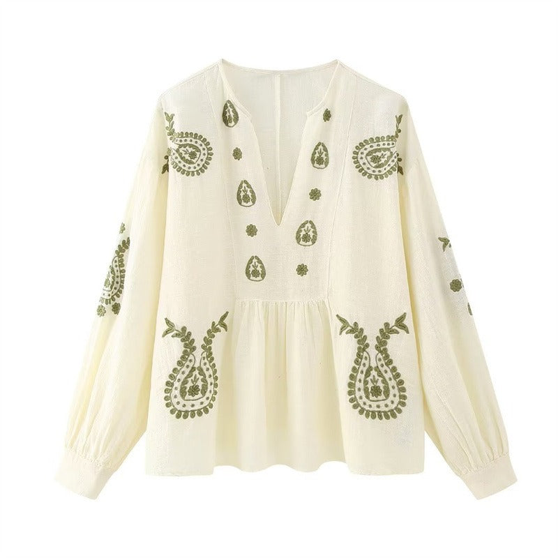 Geborduurde katoenen damesblouse met V-hals - Maialen