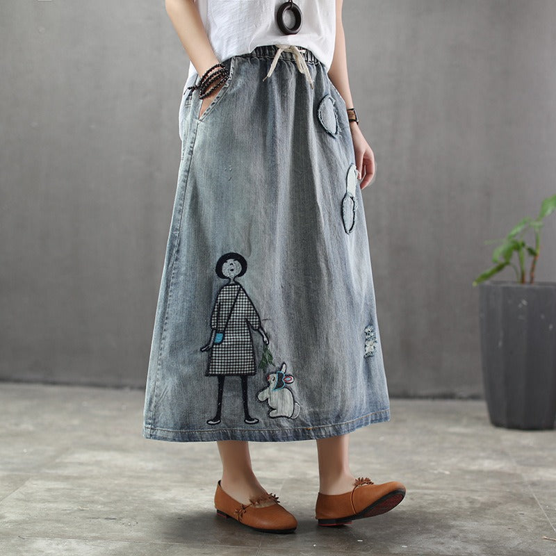Dames midirok met elastische taille en geborduurde details - Oriane