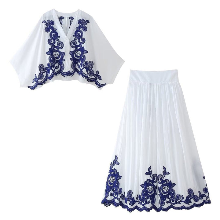 Damesset met geborduurde blouse en rok in bohemian stijl - Alondra