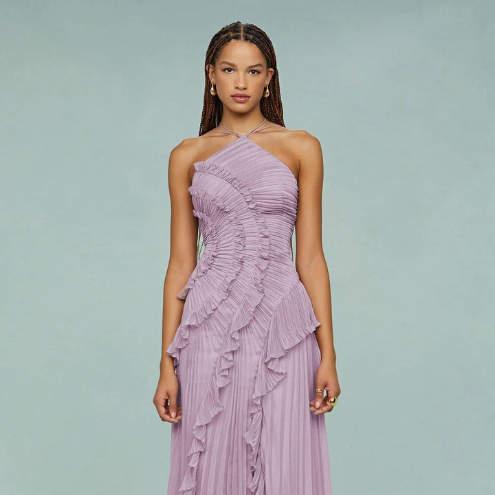 Elegante asymmetrische geplooide chiffon lange jurk - Violet