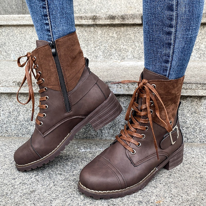 Dames veterlaarzen synthetisch leer mid-cut stoere stijl - Thalia
