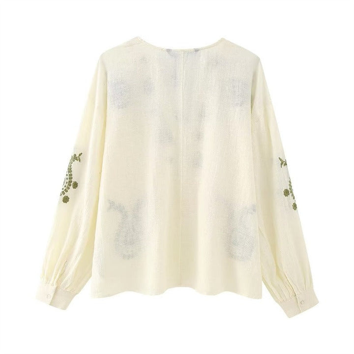 Geborduurde katoenen damesblouse met V-hals - Maialen