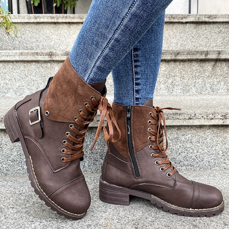 Dames veterlaarzen synthetisch leer mid-cut stoere stijl - Thalia