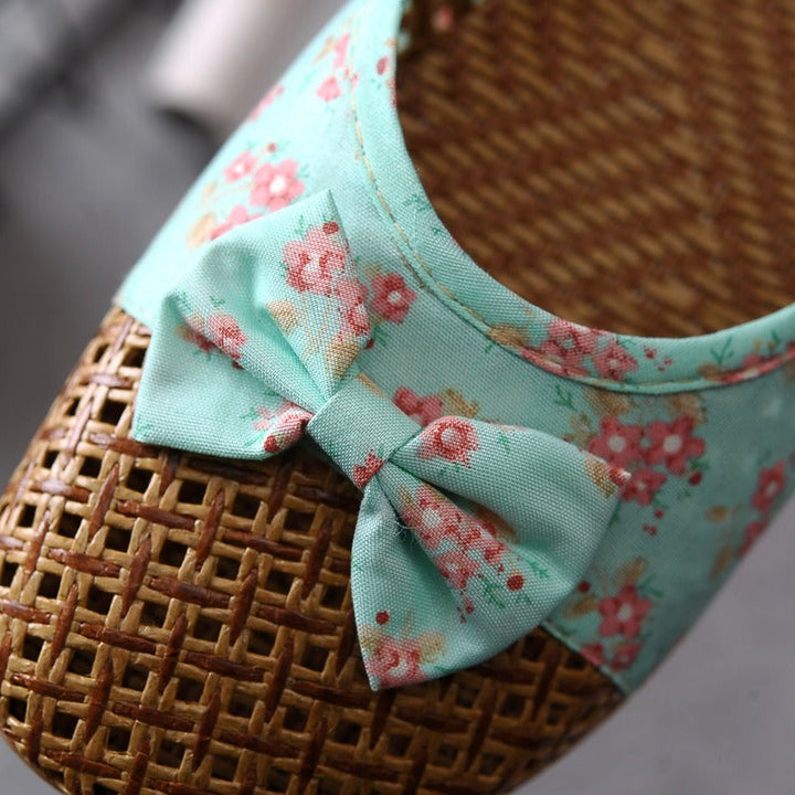 Damesslippers geweven raffia met bloemenstrik - Arumi