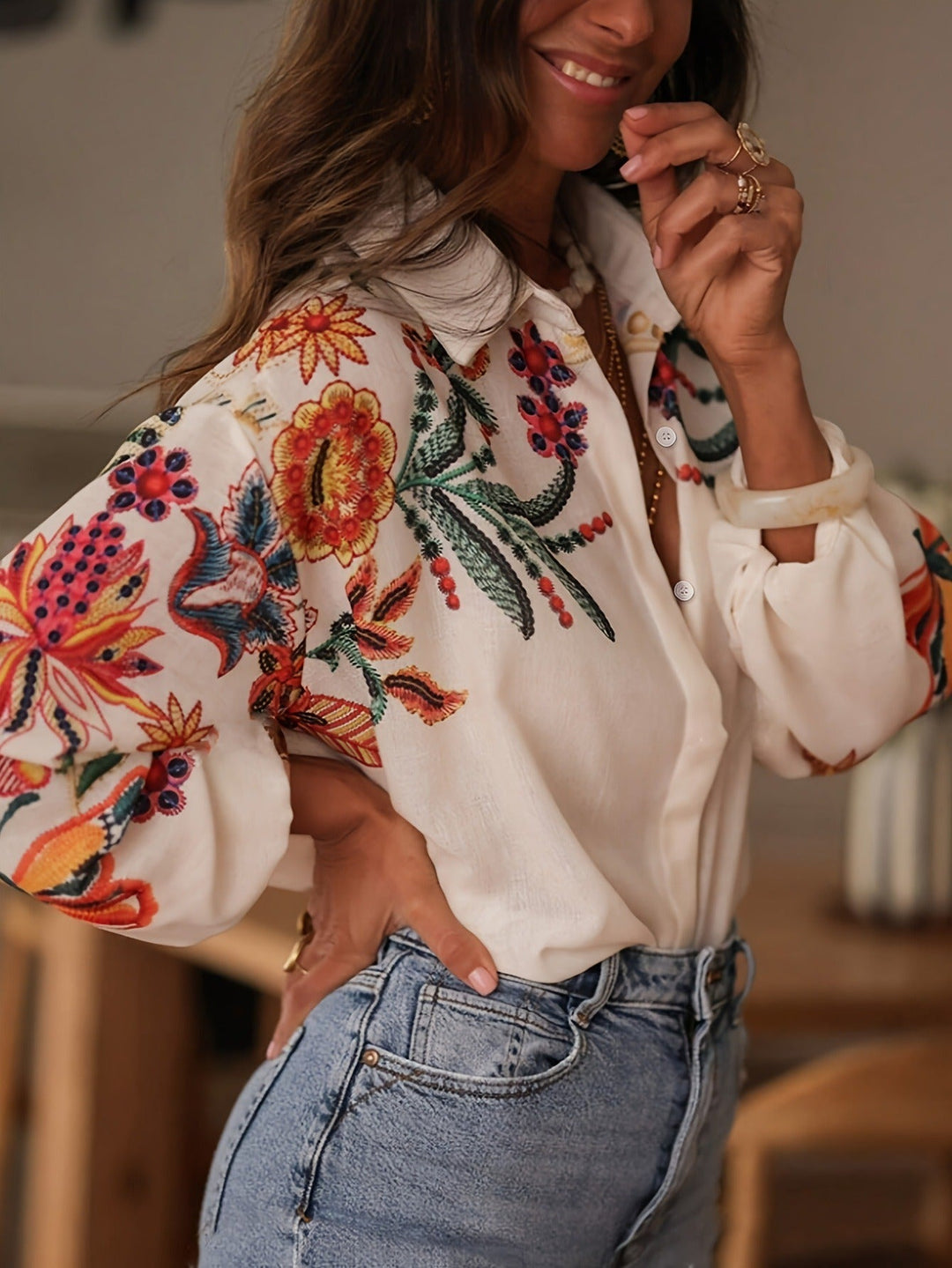 Katoenen damesblouse met bloemenborduursel in bohemian stijl - Almudena