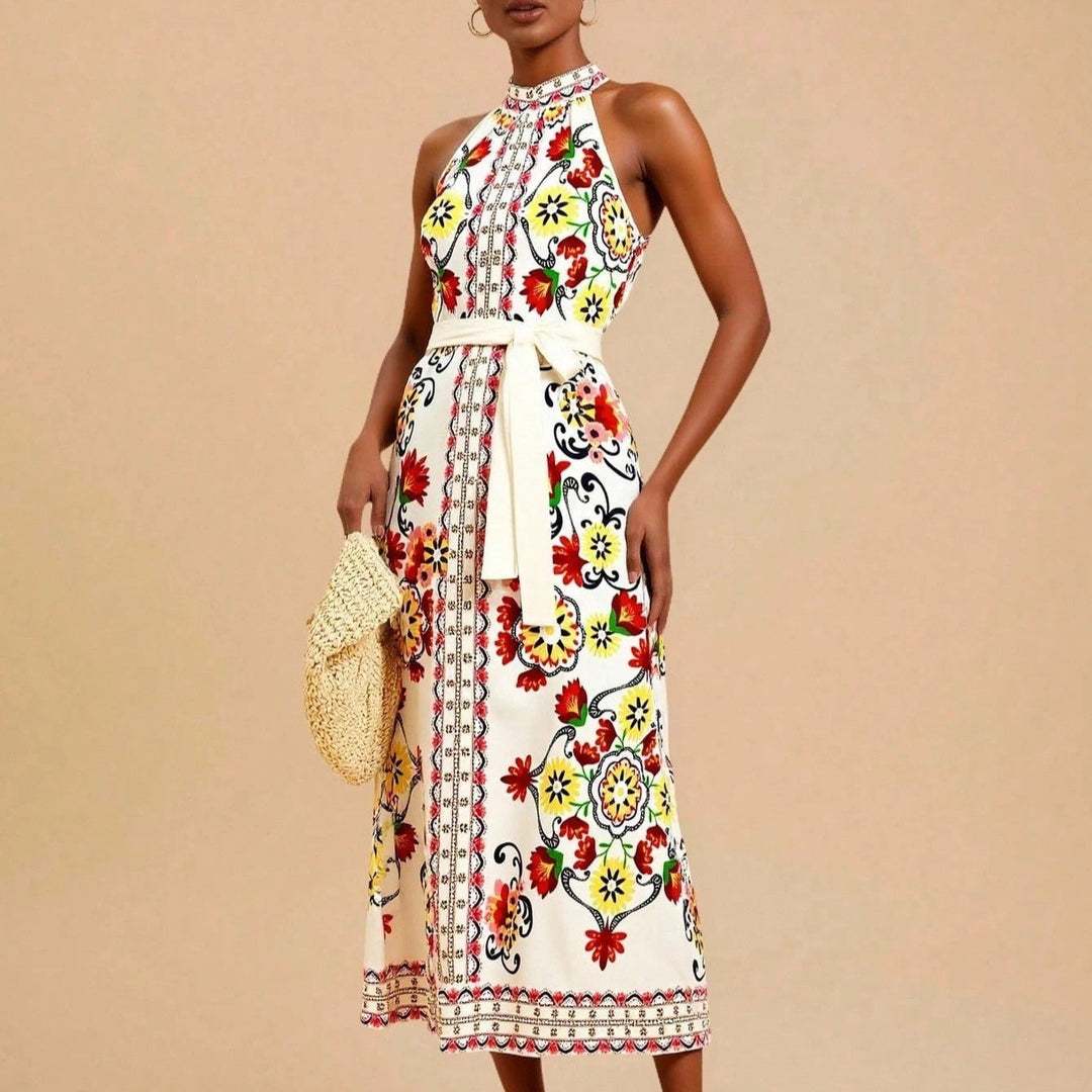Mouwloze midi-jurk met halternek en bloemenprint - Carmela