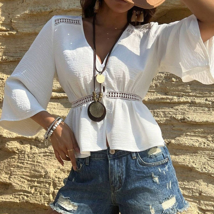 Katoenen damesblouse met V-hals bohemian stijl - Alicia