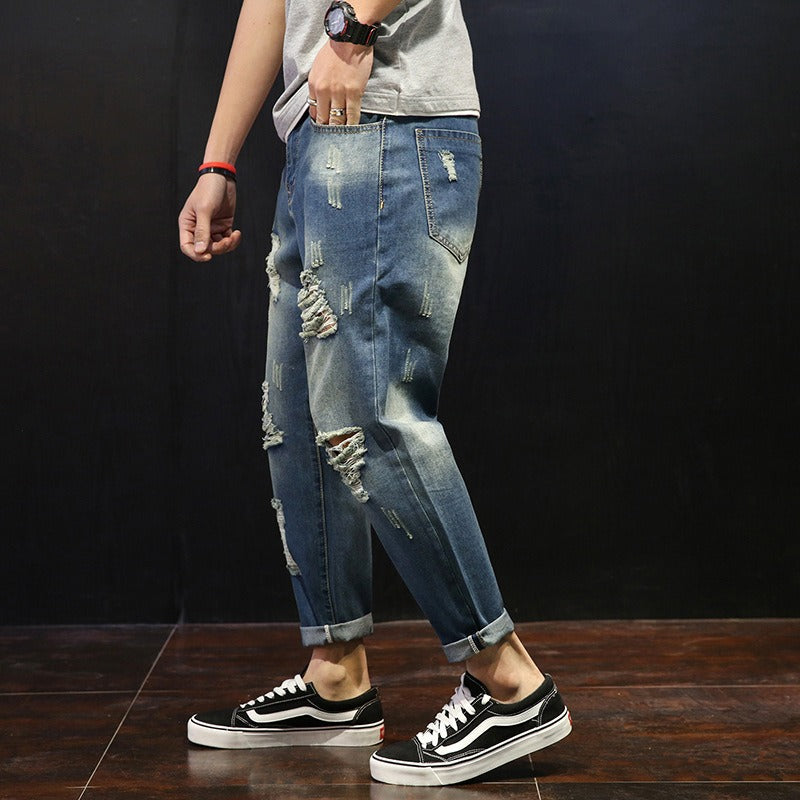Rechte herenjeans met een gescheurd versleten effect - David