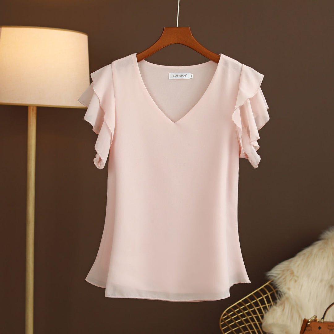 Damesblouse van lichtgewicht chiffon met ruches aan de mouwen en V-hals - Elvira