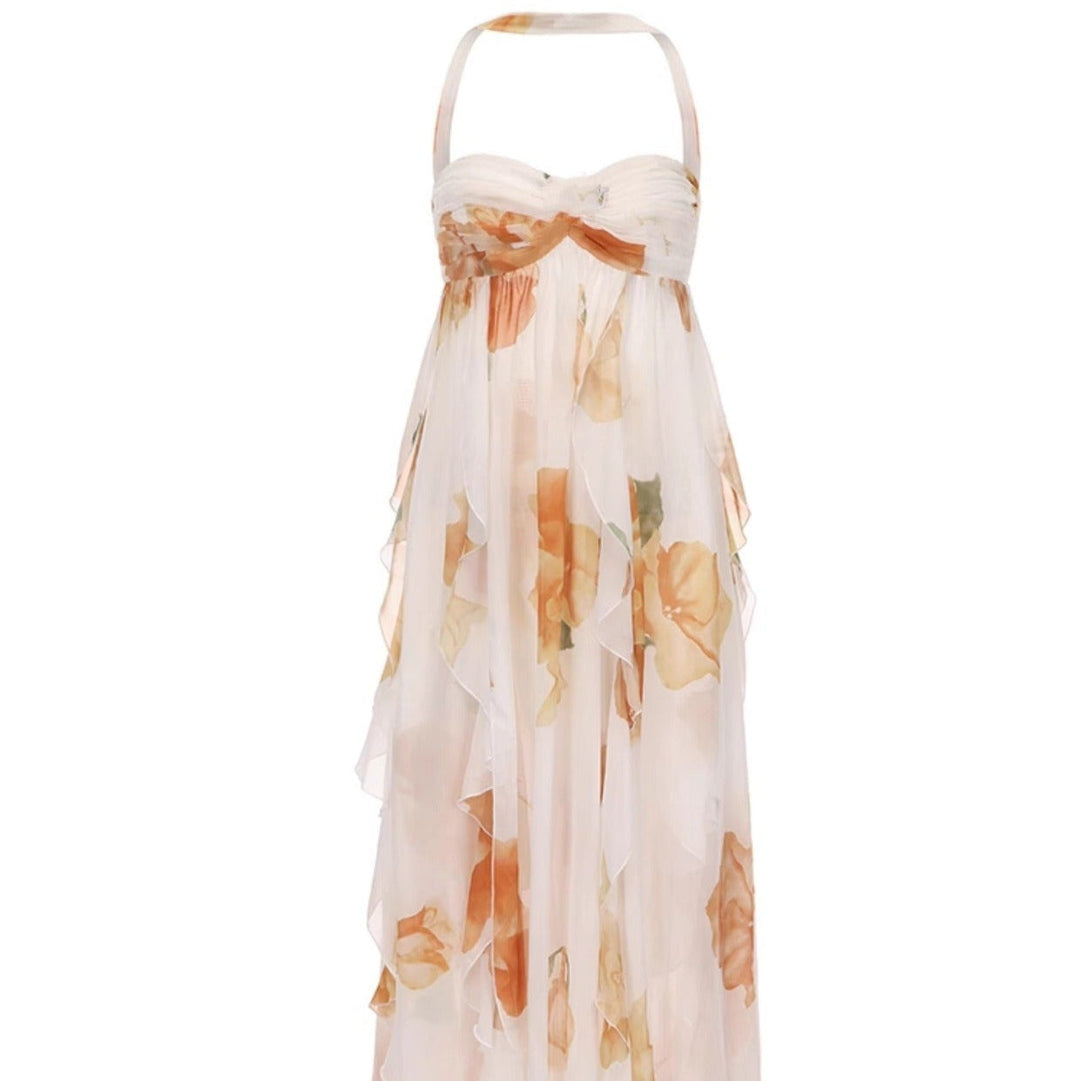 Lange damesjurk in chiffon met bloemenprint en open rug - Camille