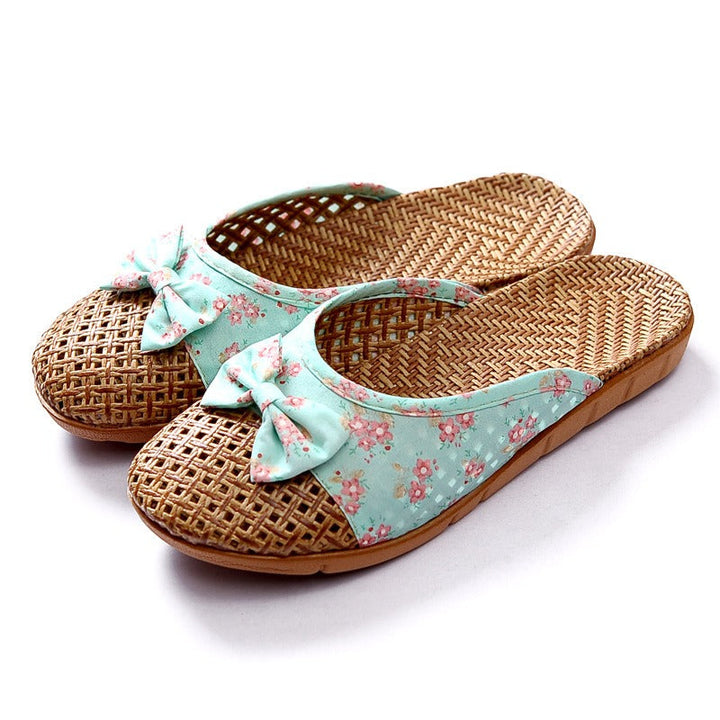 Damesslippers geweven raffia met bloemenstrik - Arumi