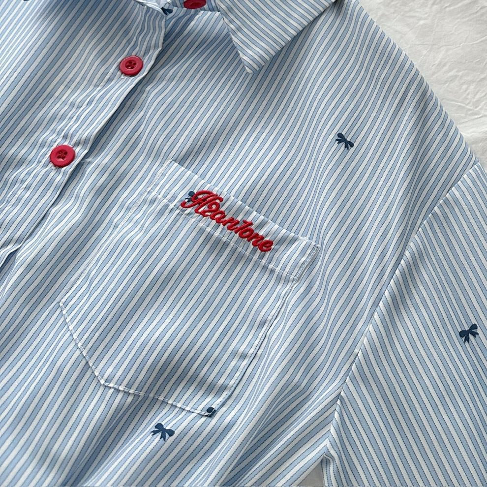 Gestreepte damesjurk met button down blouse en geplooide minirok - Norys