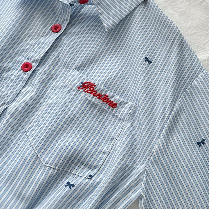 Gestreepte damesjurk met button down blouse en geplooide minirok - Norys