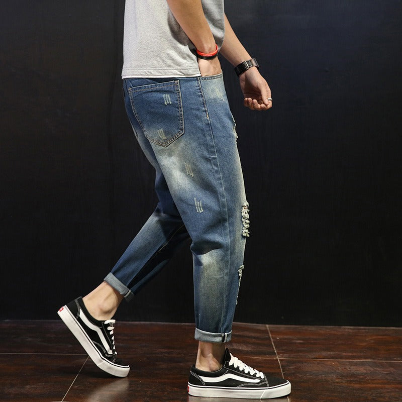 Rechte herenjeans met een gescheurd versleten effect - David