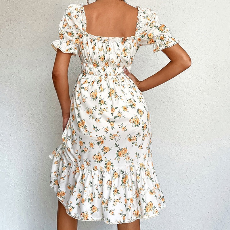Gebloemde midi-jurk met pofmouwen in vintage stijl - Julieta