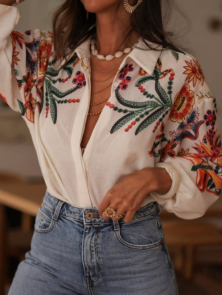 Katoenen damesblouse met bloemenborduursel in bohemian stijl - Almudena