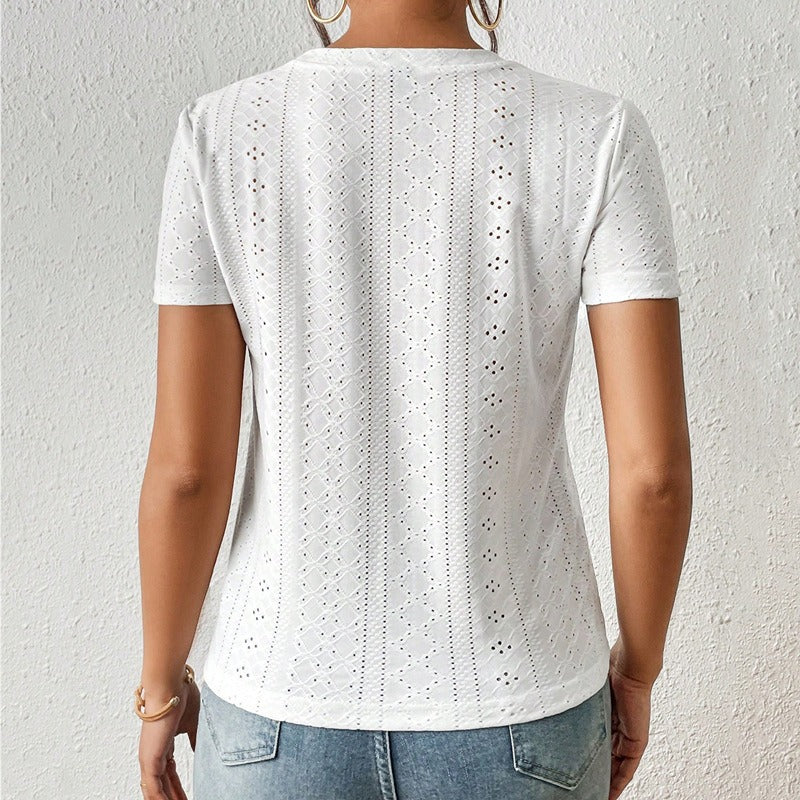 Geborduurd katoenen dames-T-shirt met korte mouwen en ronde hals - Livia