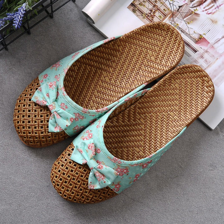 Damesslippers geweven raffia met bloemenstrik - Arumi
