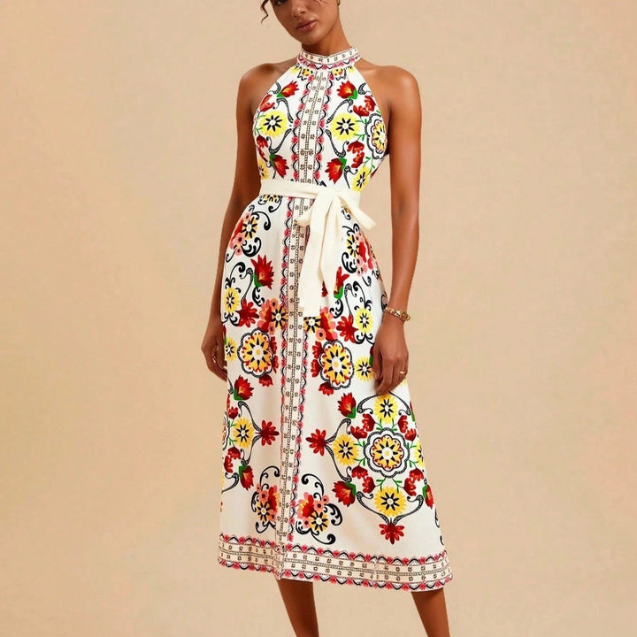Mouwloze midi-jurk met halternek en bloemenprint - Carmela
