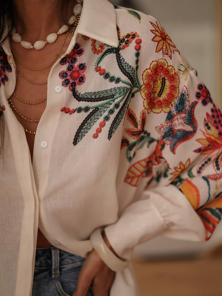 Katoenen damesblouse met bloemenborduursel in bohemian stijl - Almudena