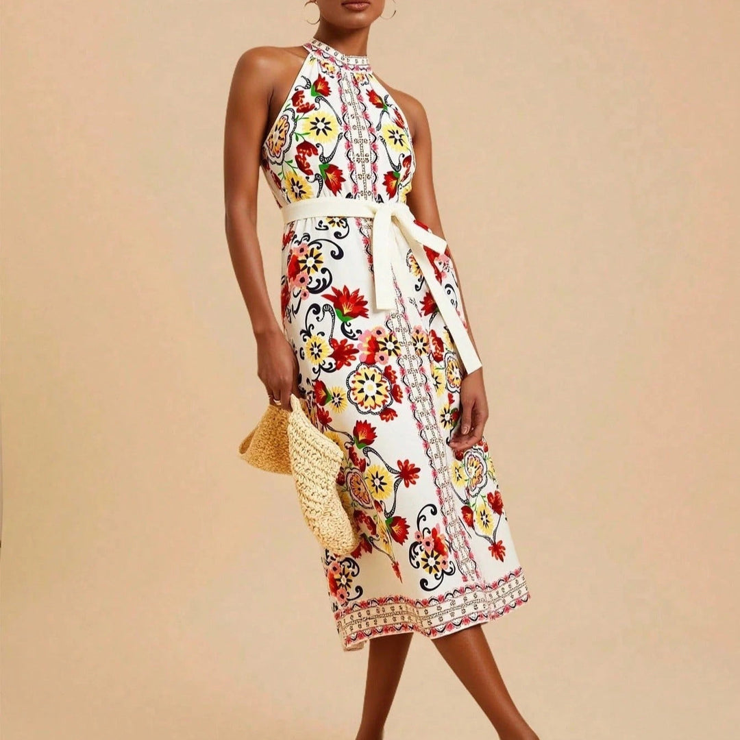 Mouwloze midi-jurk met halternek en bloemenprint - Carmela
