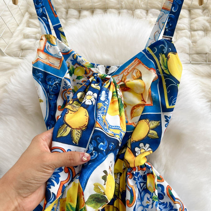 Lange damesjurk met citrusprint en strapless model - Nina