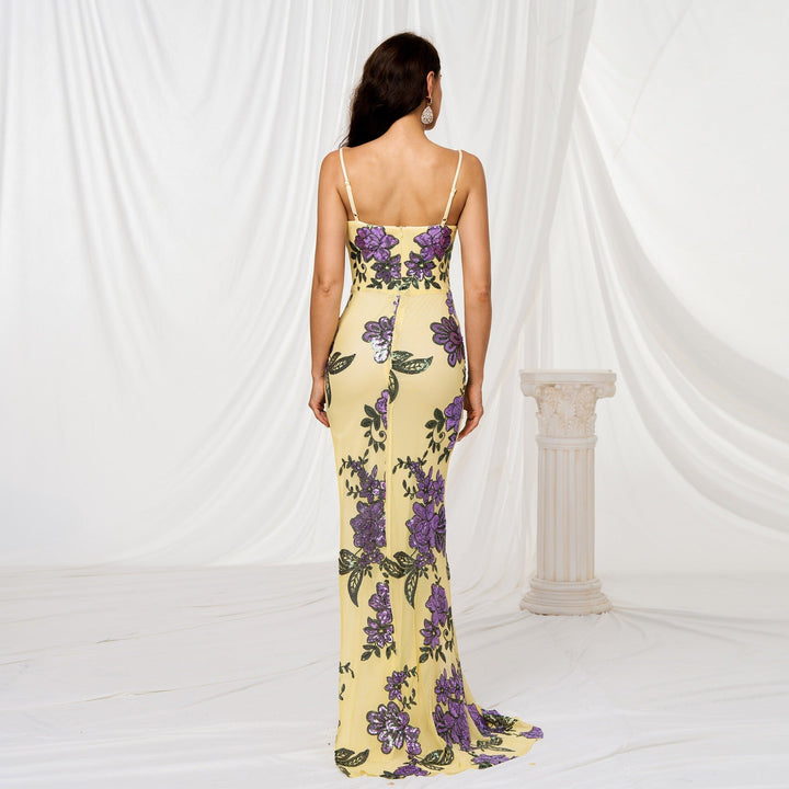 Lange jurk met pailletten, bloemenprint, slanke pasvorm - Fabiana