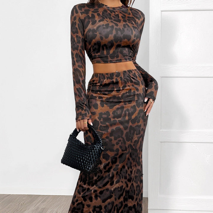 Tweedelige skinny damesset met dierenprint - Parel