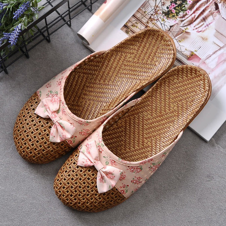 Damesslippers geweven raffia met bloemenstrik - Arumi