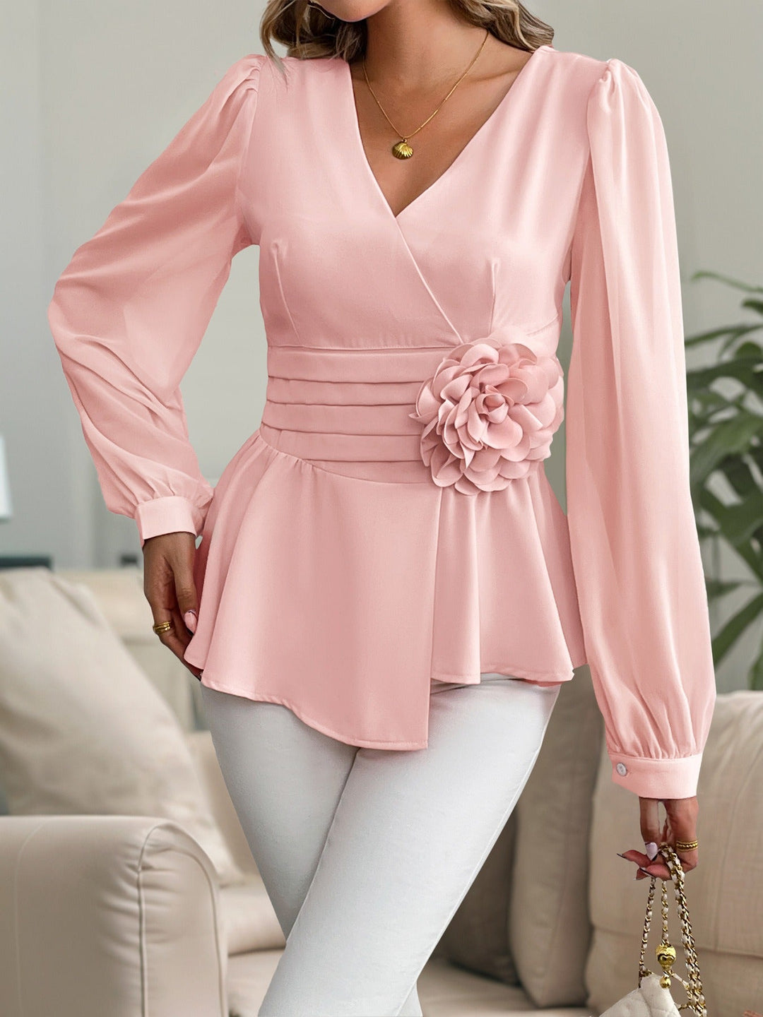 Damesblouse met driedimensionale bloem peplum stijl chiffon - Emilia