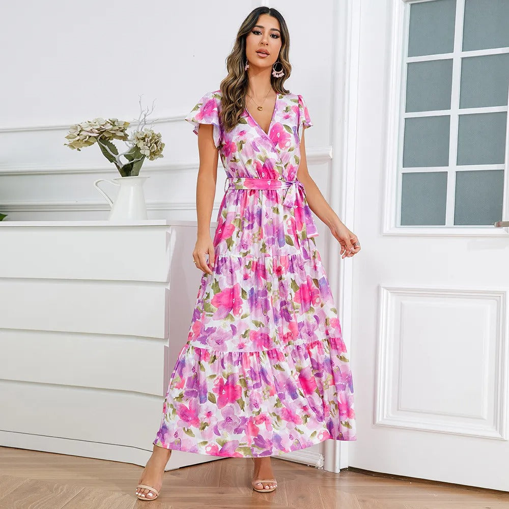 Lange vloeiende gekruiste jurk met bloemen - Zulma